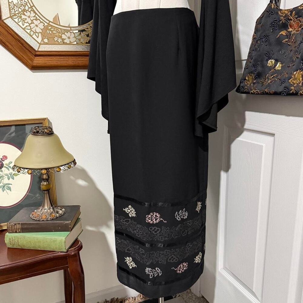 VTG Y2K Sag Harbor Black & Light Pink Floral Boho Hem Pencil Maxi Skirt 14